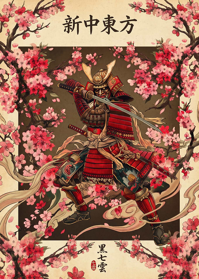 Samurai Warrior Cherry Blossoms Japanese Art Print