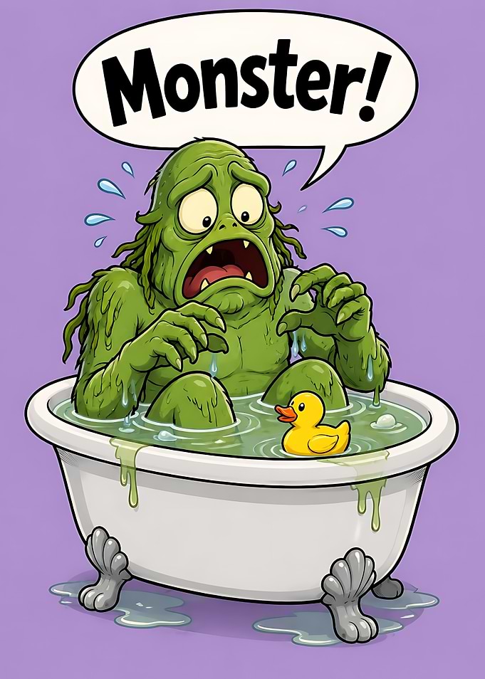 Scared Swamp Monster in Bathtub