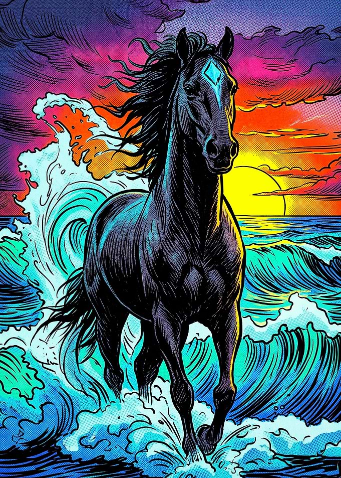 Black Horse Ocean Sunset Psychedeli