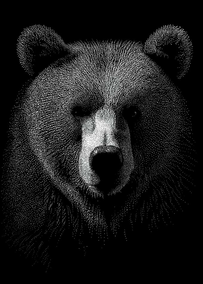Powerful Grizzly Bear Portrait In Stipple Dotwork