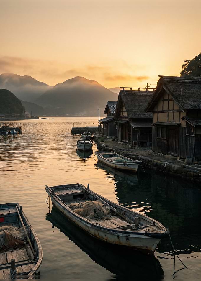 Traditional Japanese Fishing Village at Sunset
