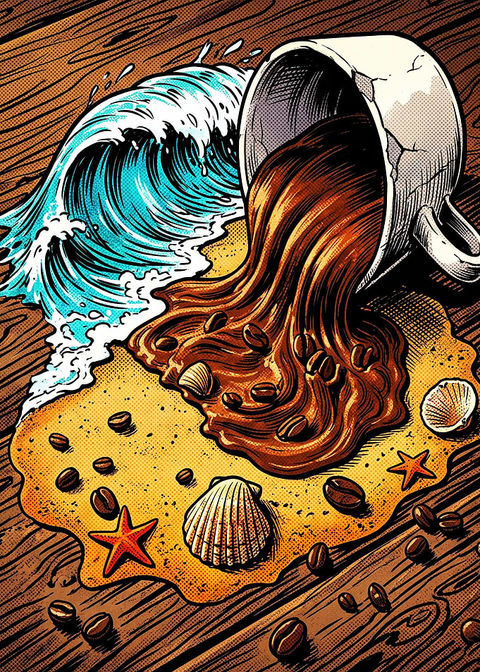 Coffee Ocean Wave Beach Retro Art