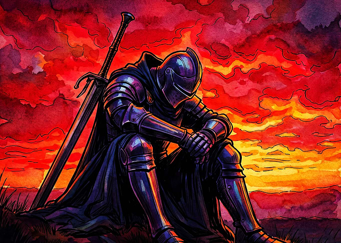 Knight Rest Sunset Dark Fantasy Art
