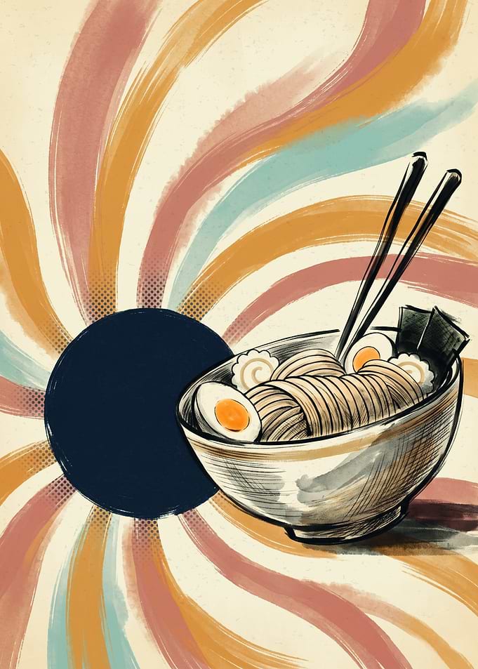 Japanese Ramen Bowl Food Art Retro Vintage 70s Groovy Poster