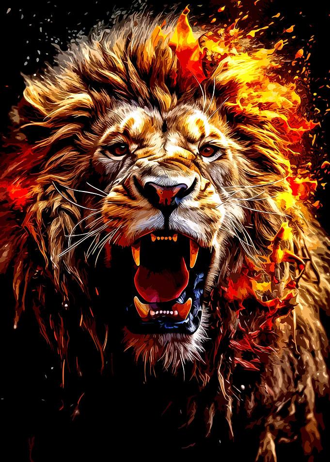 Roaring Lion with Fiery Mane