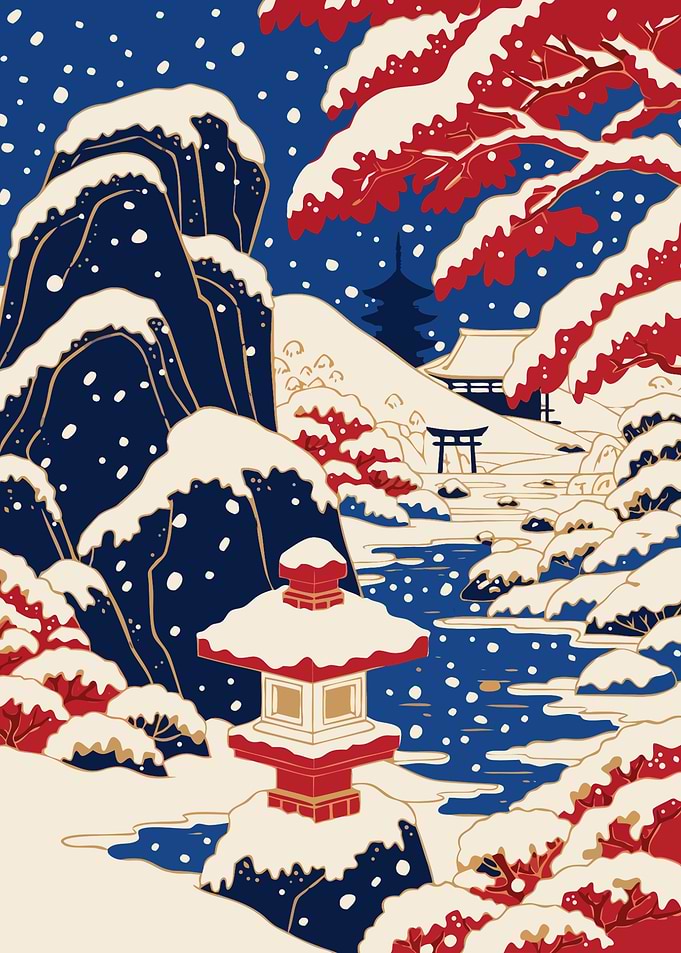 Japanese Winter Temple – Snowy Garden & Stone Lantern