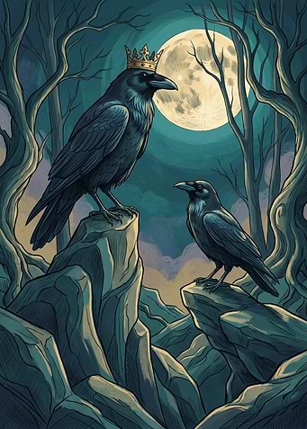 Crow King Moon Forest Fantasy Bird Graphic Art