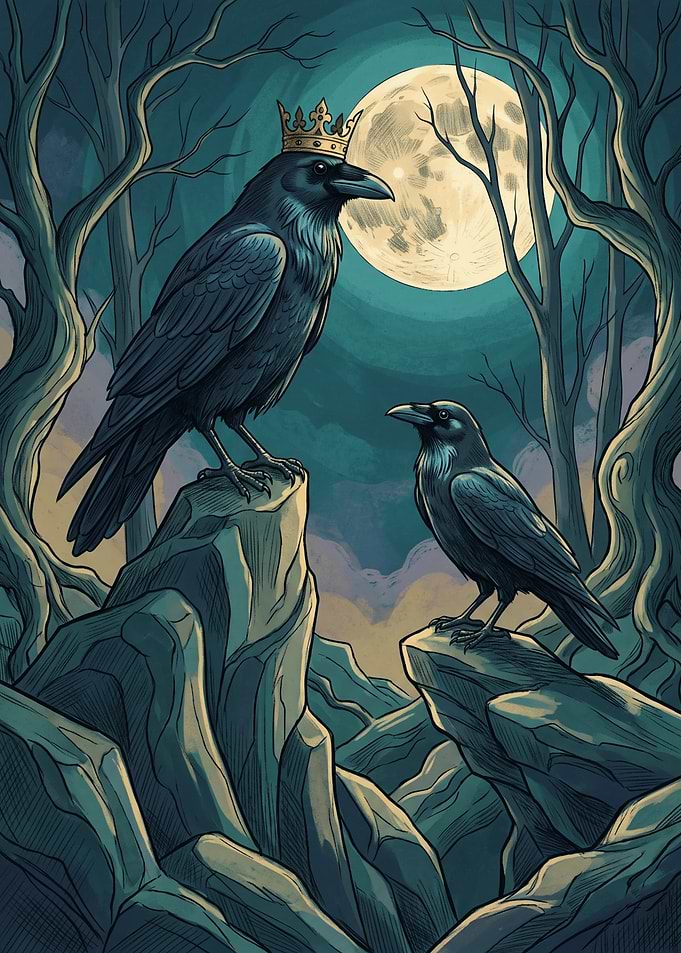 Crow King Moon Forest Fantasy Bird Graphic Art