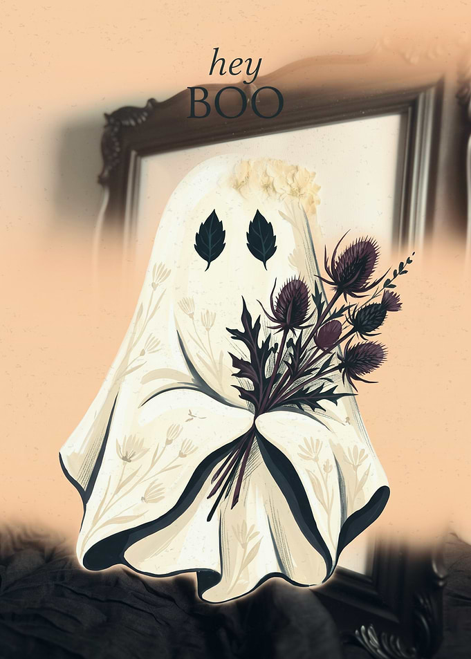 Hey Boo Floral Ghost Halloween Spooky Cute Minimalist Illustration Art