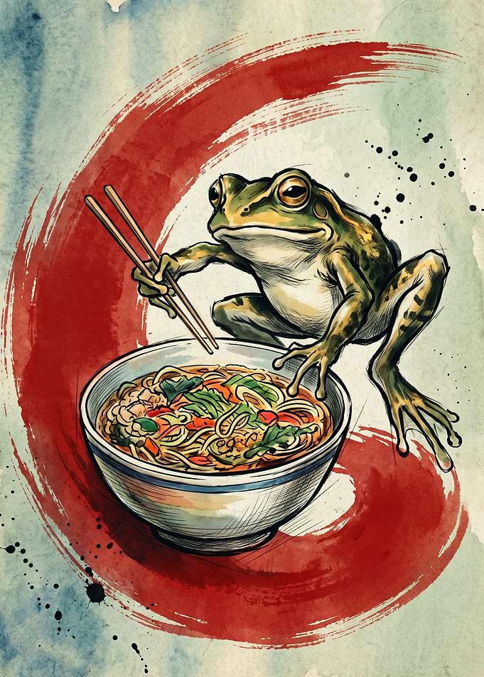 Frog Eating Ramen Noodles Japanese Food Art Watercolor And Ink