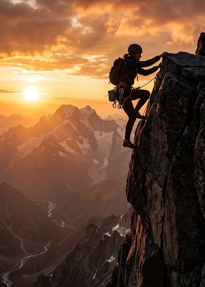 Climber Scaling Mountain Peak at Sunset