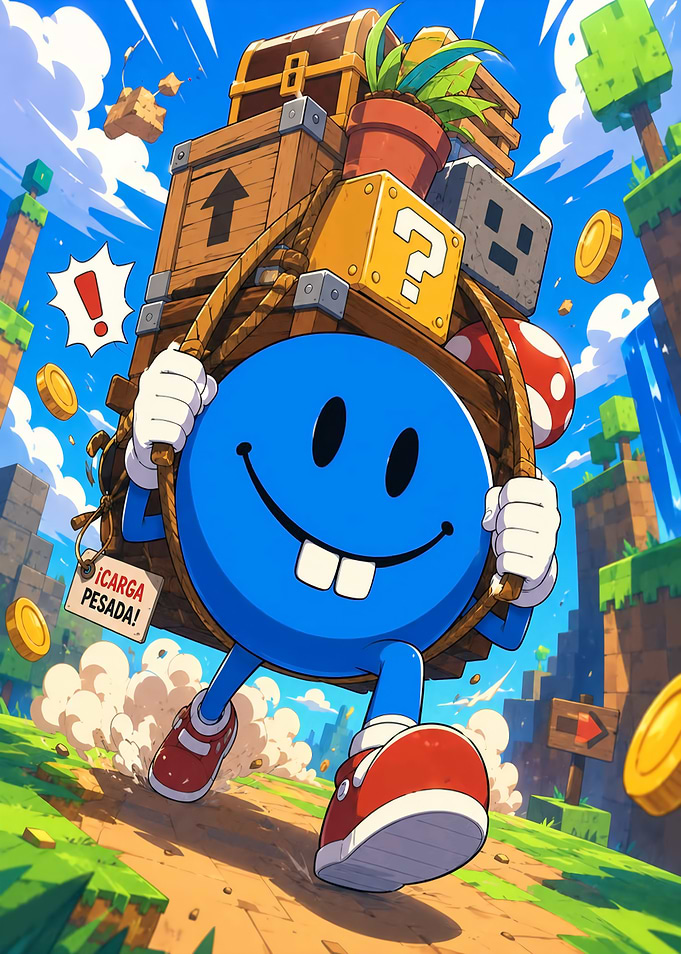 Blue Smiley Character Carrying Heavy Load