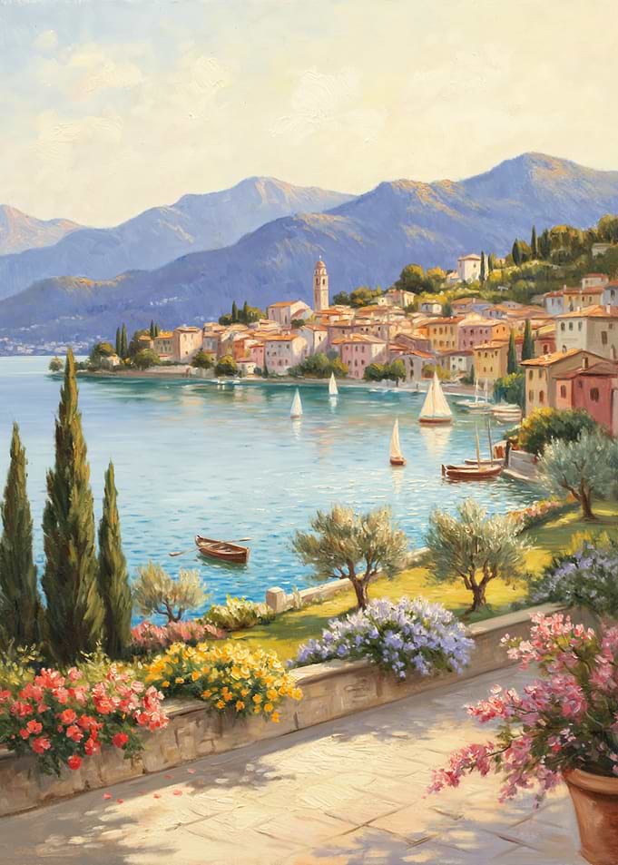 Mediterranean Coastal Village Landscape Painting