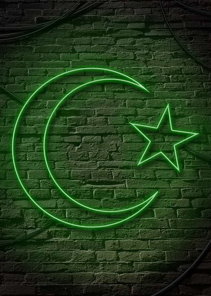 Green Neon Islam Crescent Moon and Star