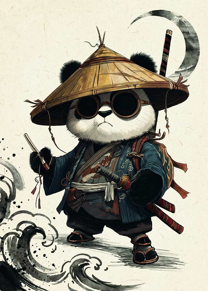 Samurai Panda Ronin Warrior Japanese Ink Wash Painting