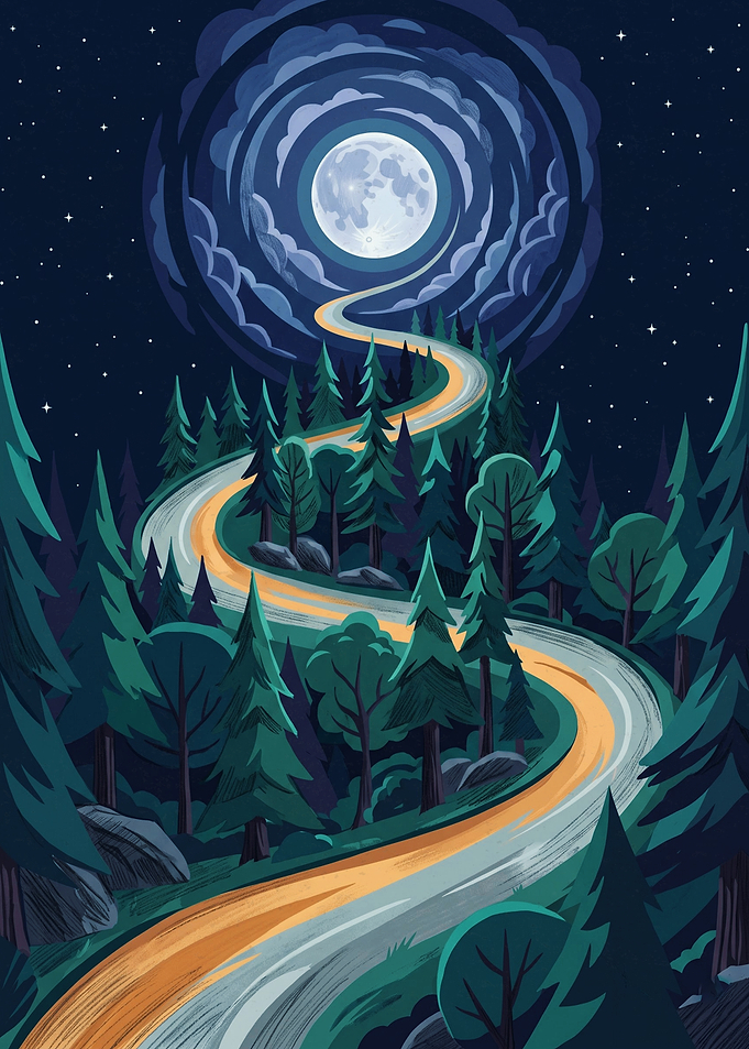 Winding Road To Full Moon Landscape Nature Art Print Digital Illustration
