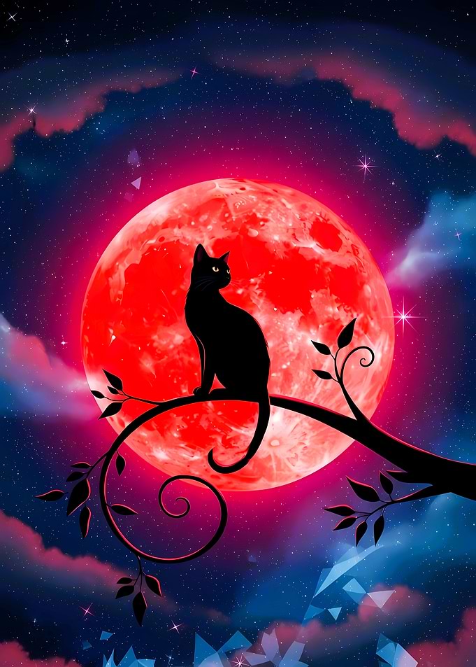 Black Cat on Branch Under Moon