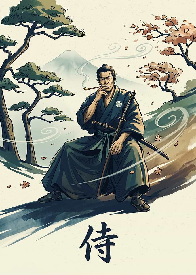 Samurai Smoking Pipe Japan Mount Fuji Japanese Ukiyo E Art Style