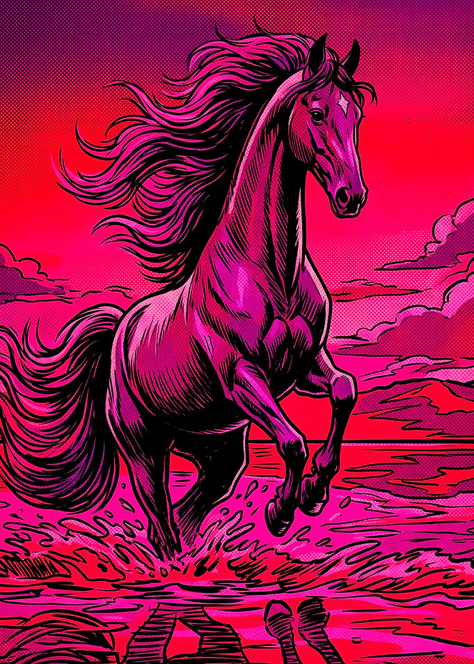 Horse Running Sunset Vaporwave Art