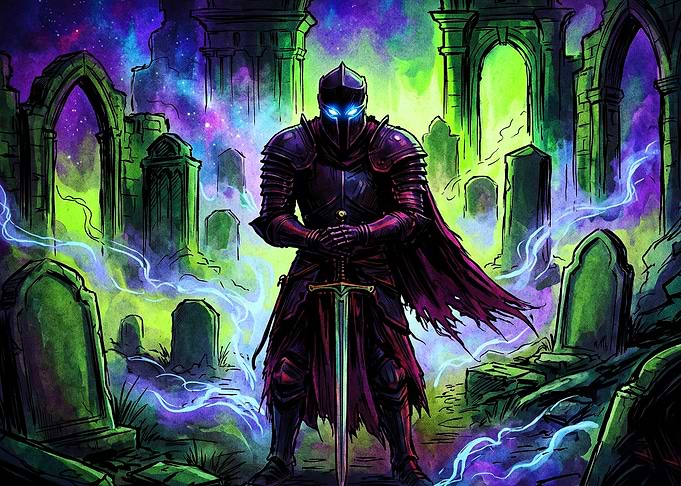 Knight Graveyard Neon Fantasy Poste
