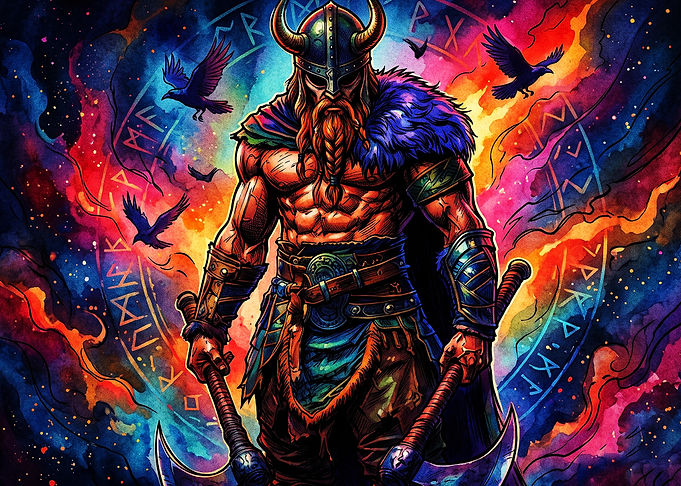 Viking Cosmic Warrior Neon Poster