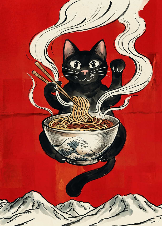 Black Cat Eating Ramen Noodles Japanese Food Art Print