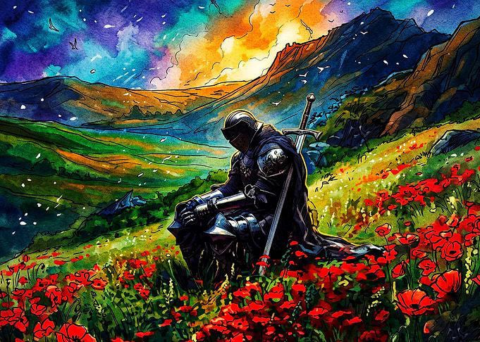 Knight Poppy Meadow Watercolor Art