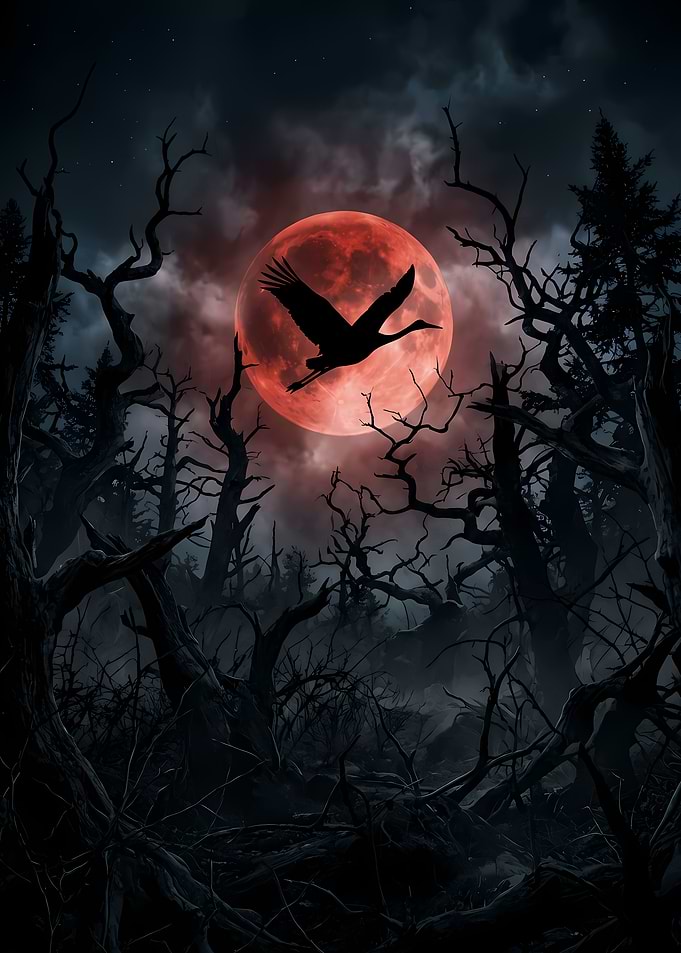 Crane Flying Before Red Moon