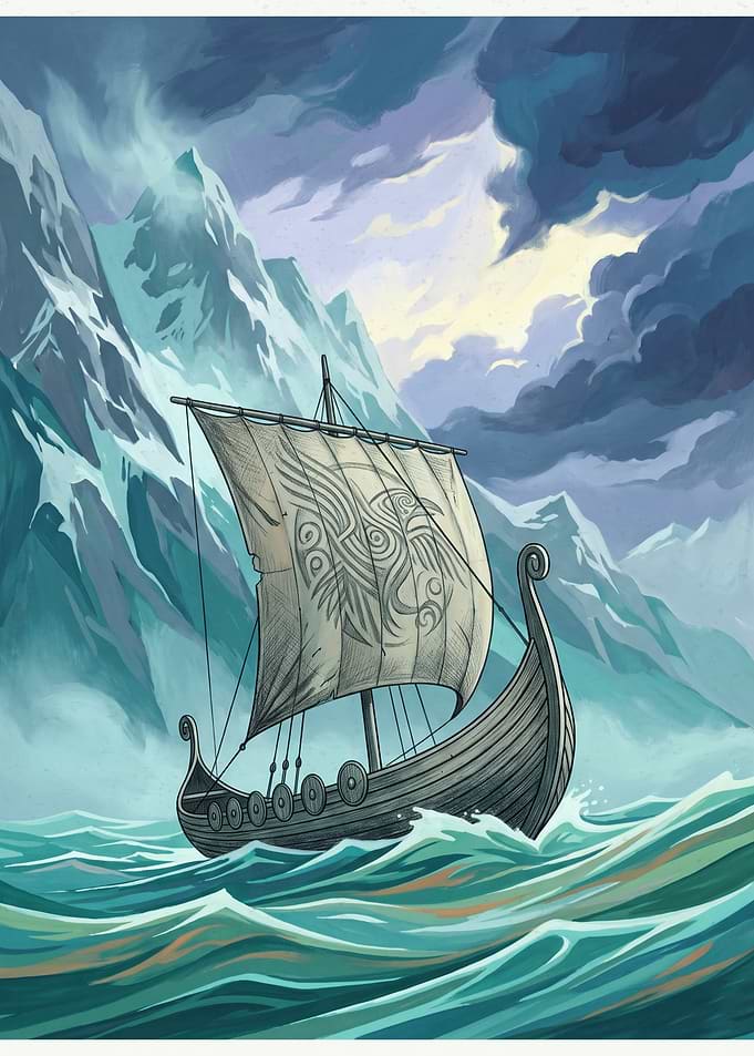 Viking Longship Sailing Rough Sea Mountains Digital Painting Norse Mythology Art