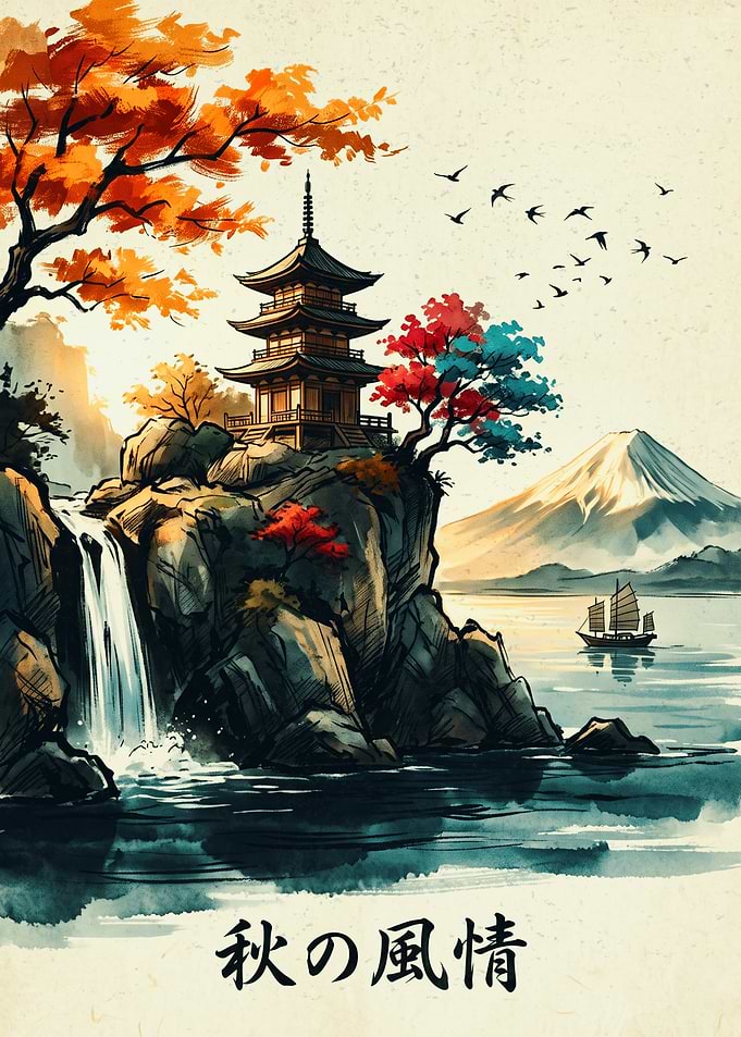 Japanese Pagoda Landscape Autumn Mount Fuji Traditional Ukiyo E Art