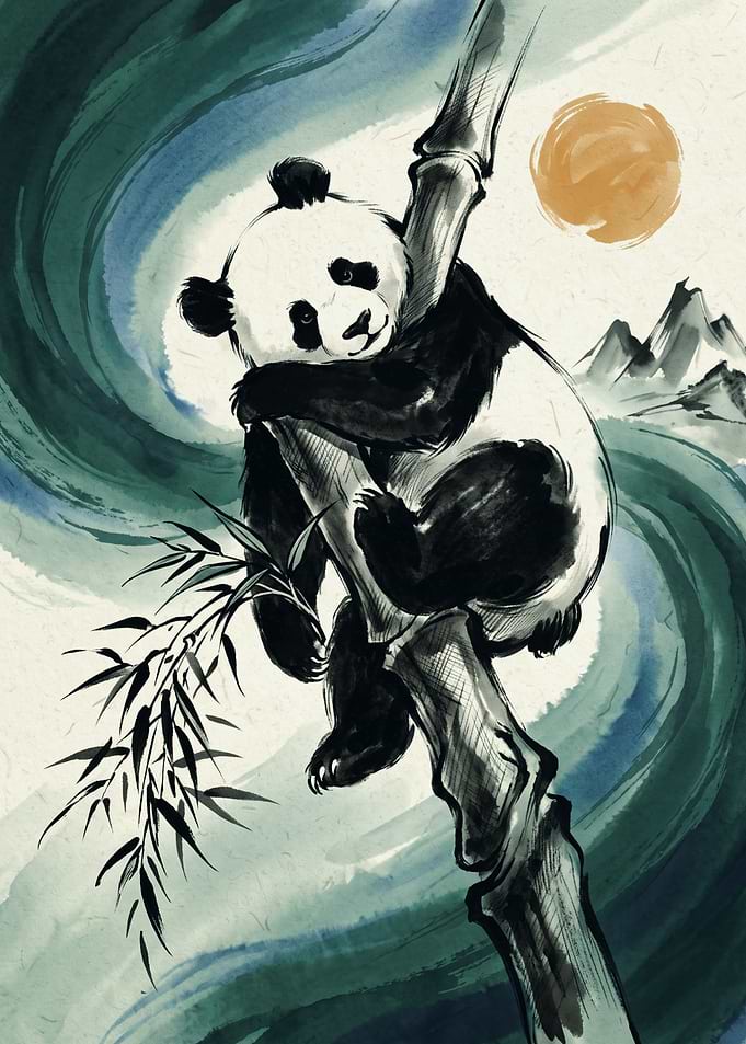 Panda Climbing Bamboo Wildlife Animals Japanese Ink Wash Painting Art