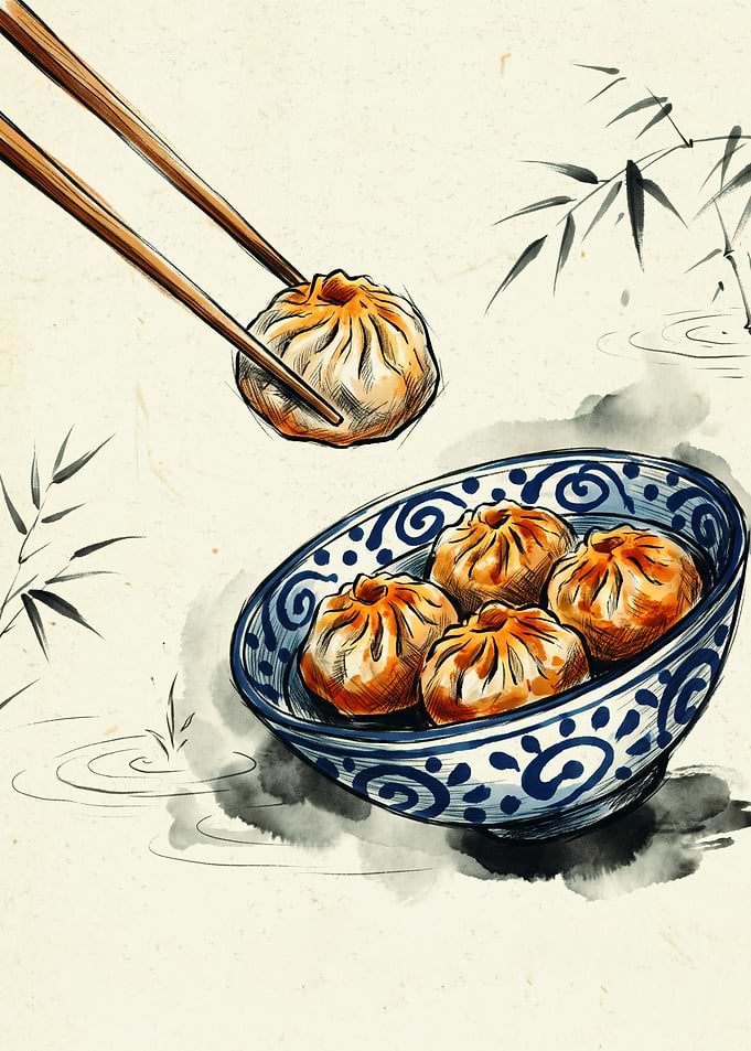 Steamed Dumpling Bowl Asian Food Japanese Watercolor Ink Art Style