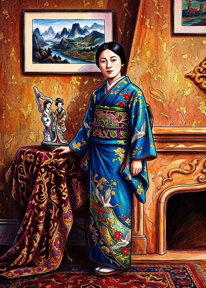 Elegant Woman in Traditional Blue Kimono