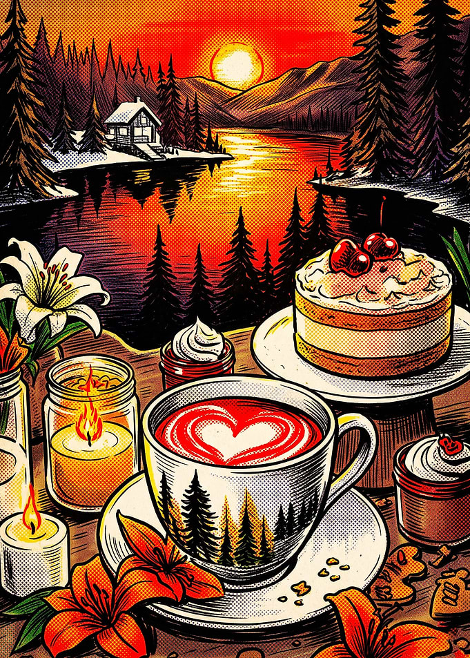 Coffee Sunset Cabin Retro Art Poste