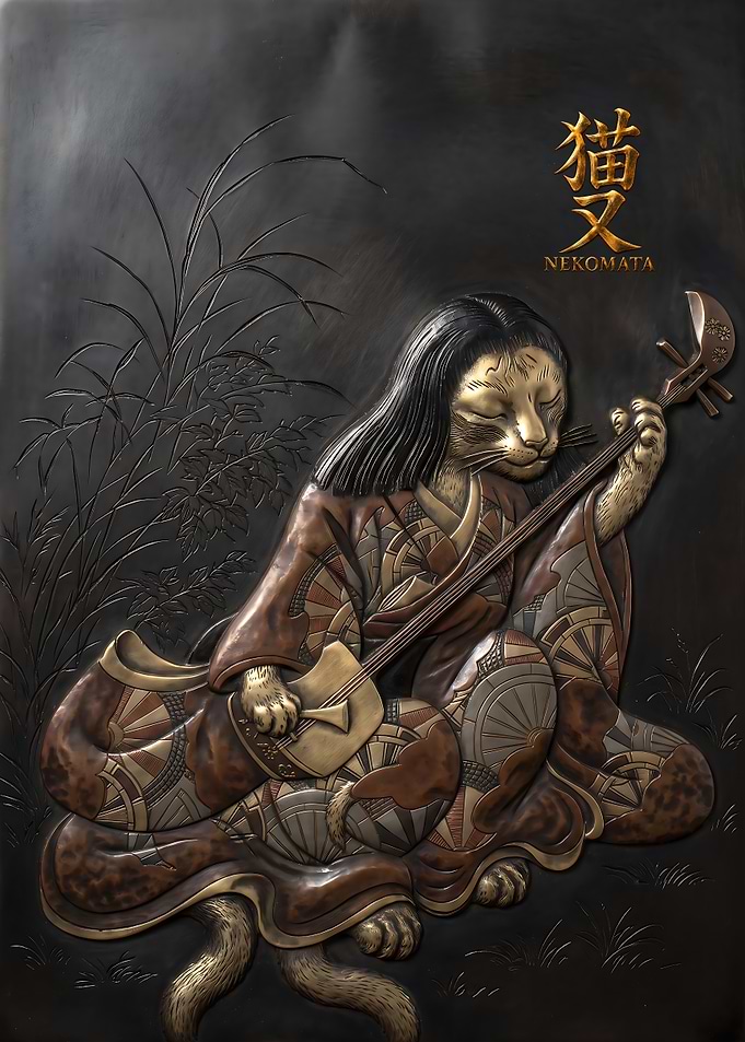 Nekomata Midnight Shamisen Japanese Yokai Art Poster