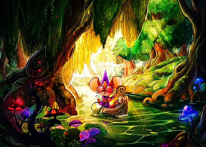 Wizard Mouse Rowing Through Enchanted Forest