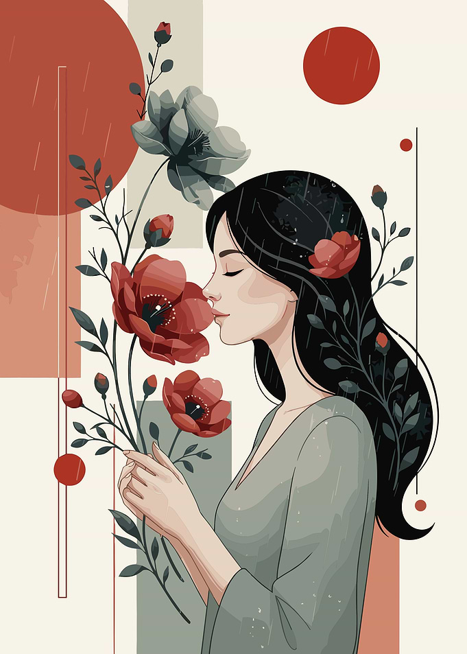 Woman Smelling Red Flowers Illustration