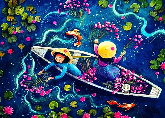 Girls Harvesting Water Lilies in Boat
