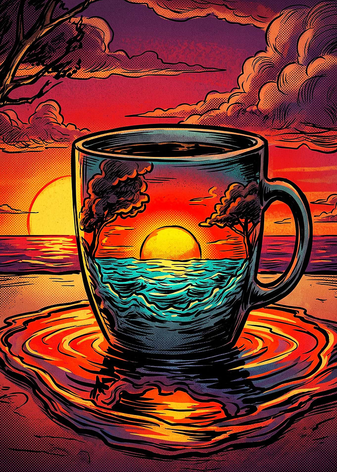 Coffee Sunset Ocean Retro Art