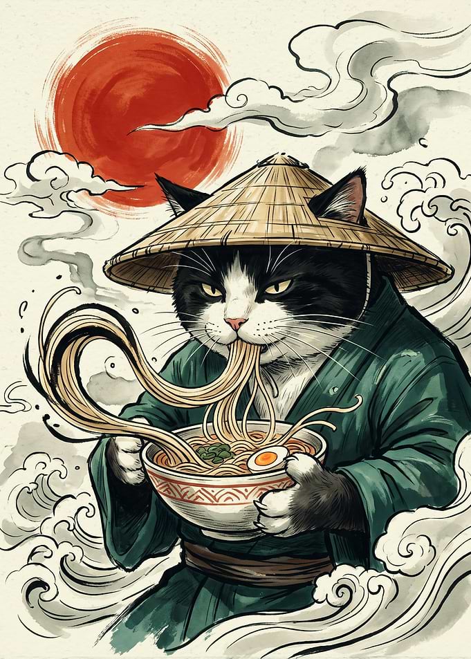 Samurai Cat Eating Ramen Japanese Ukiyo E Art Style