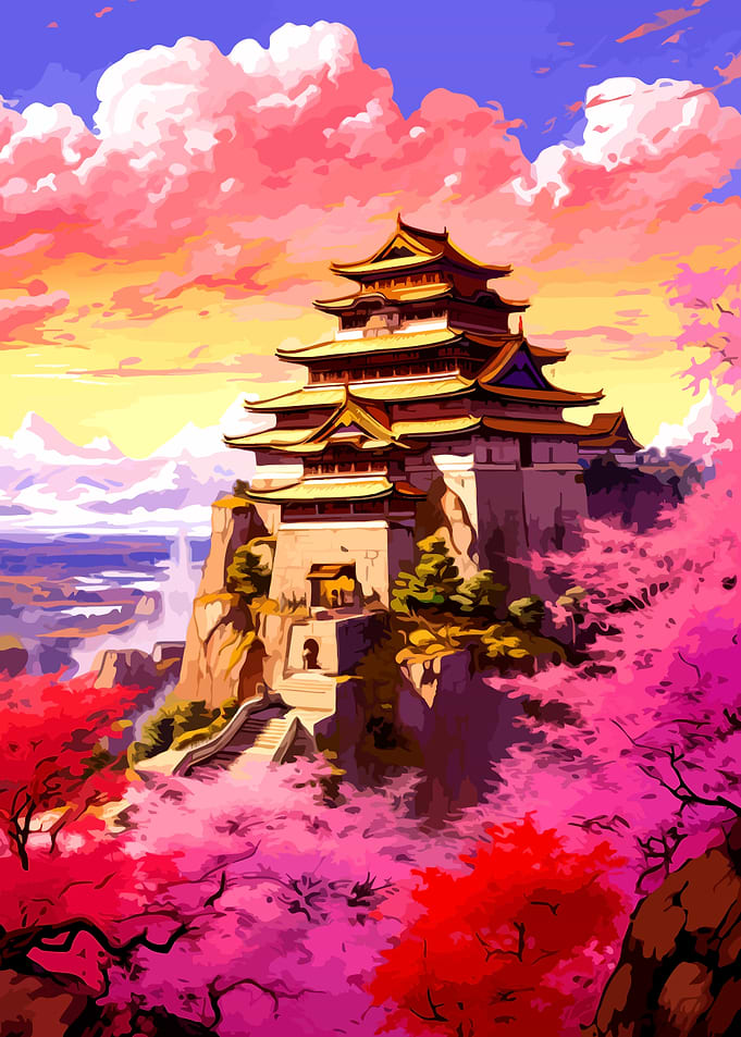 Japanese Castle Amidst Cherry Blossoms