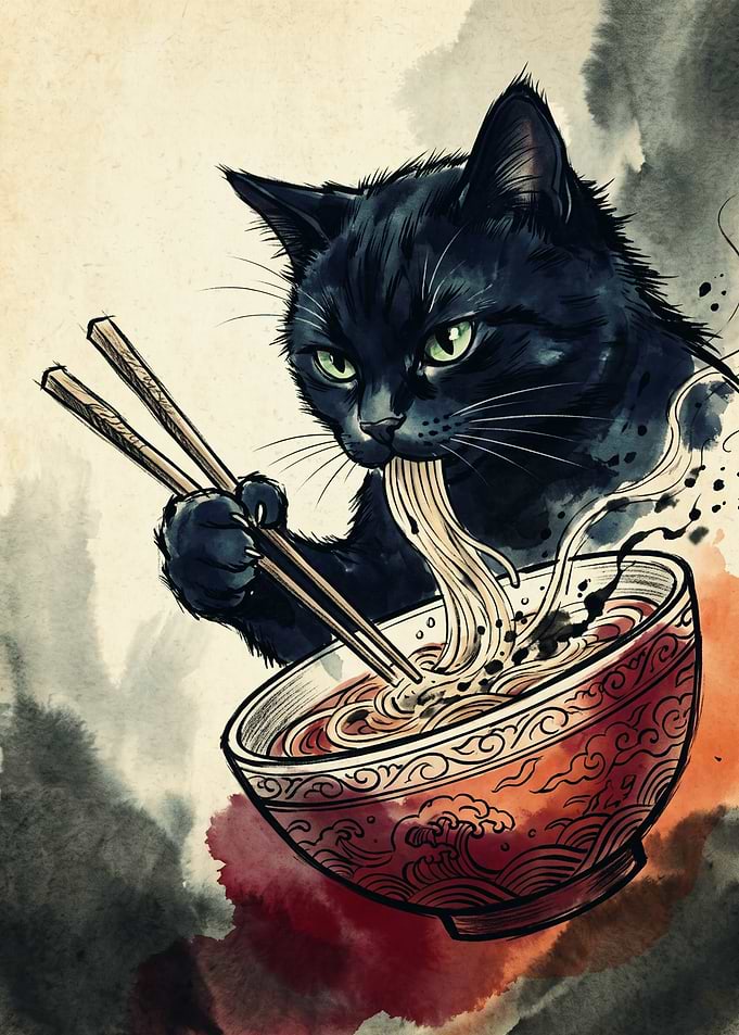 Black Cat Eating Ramen Noodles Cats Niche Watercolor Ink Wash Art