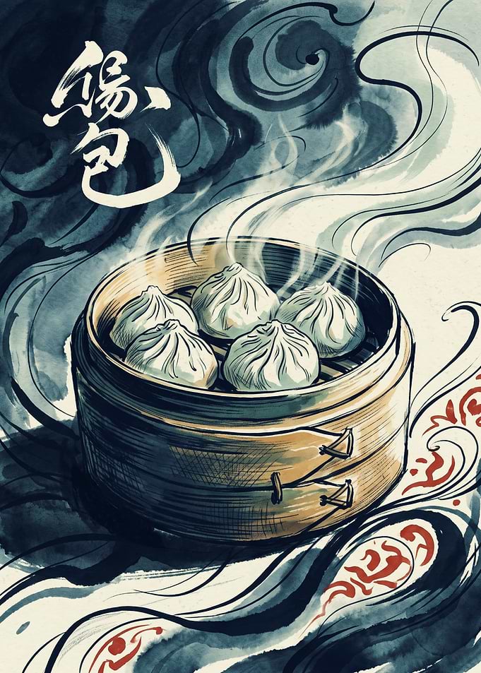 Steamed Dumpling Food Asian Cuisine Chinese Ink Wash Painting
