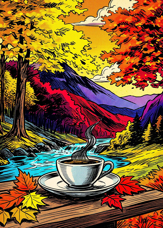Autumn Coffee Cup River Vintage Art