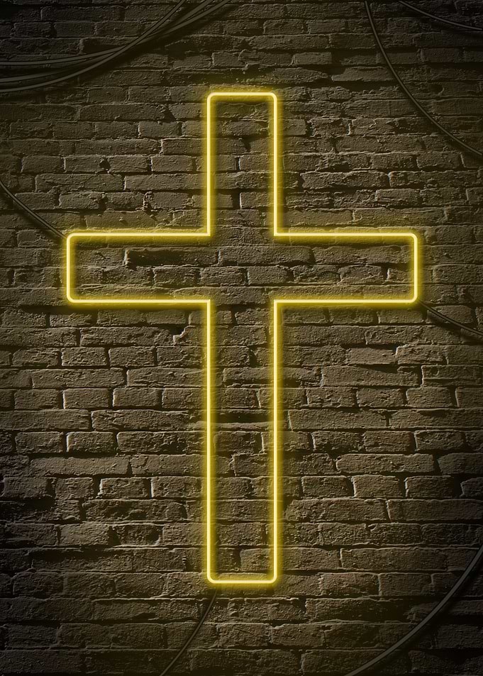 Glowing Yellow Neon Christian Cross Sign