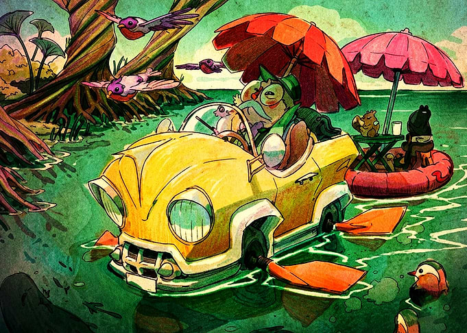 Whimsical Frog Driving Amphibious Car