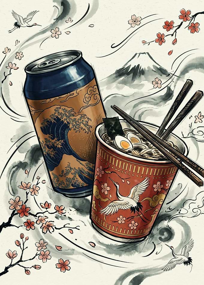 Japanese Ramen And Beer Asian Food Art Print Japanese Ink Style