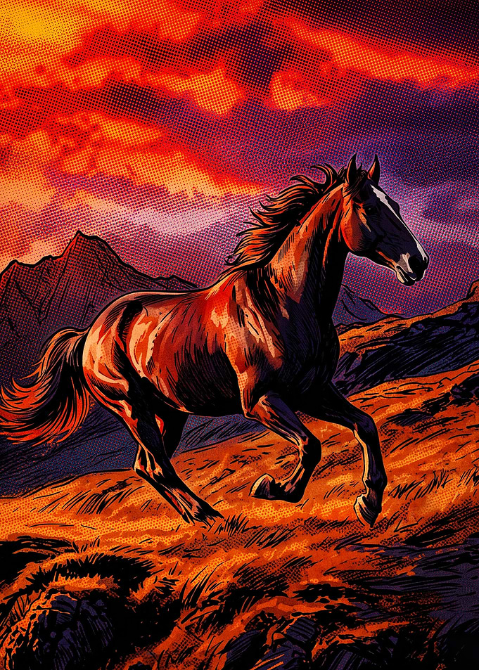 Horse Running Sunset Retro Art