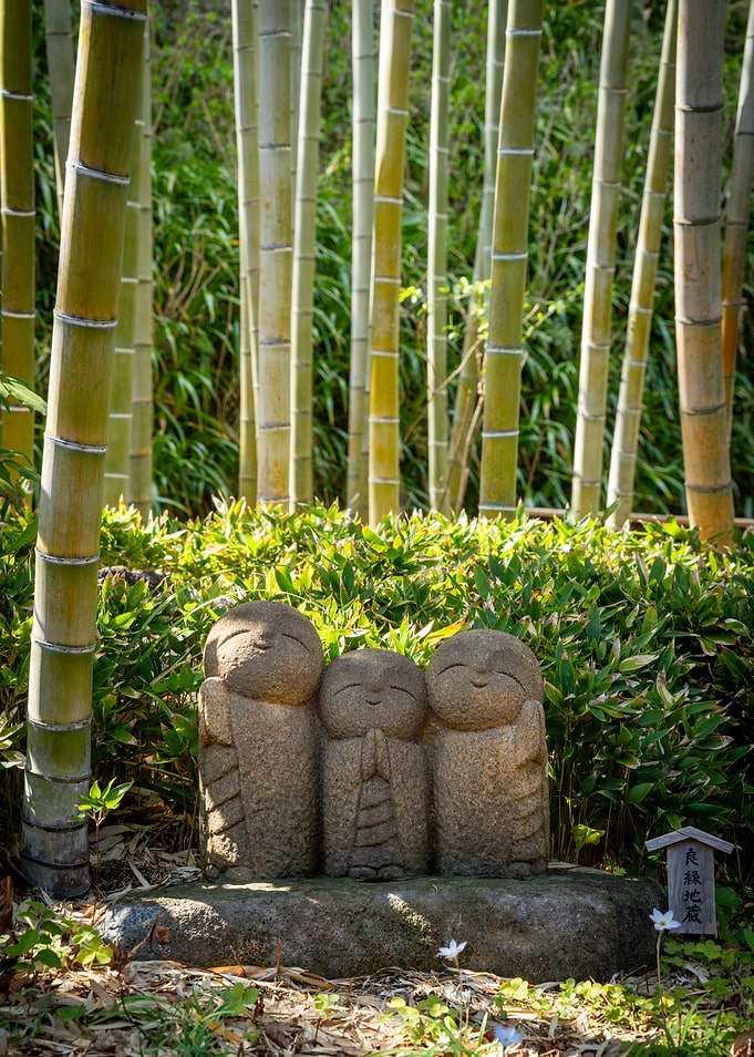 Three Stone Jizo Statues in Bamboo Forest