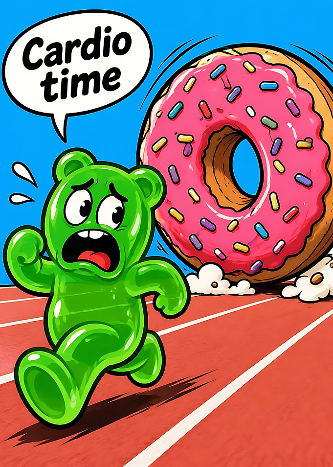 Gummy Bear Running From Giant Donut